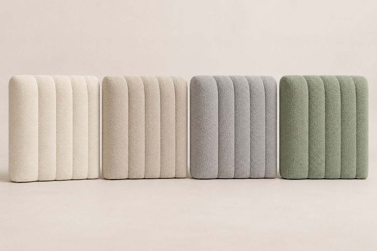 Les quatre couleurs de la tête de lit XXL : blanc cassé, beige, gris clair, vert