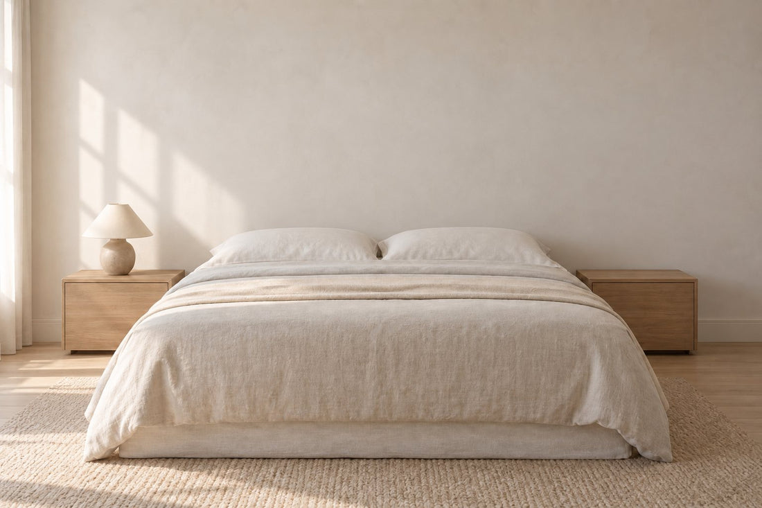 La chambre sans tête de lit : le mur nu derrière le lit de 160 cm
