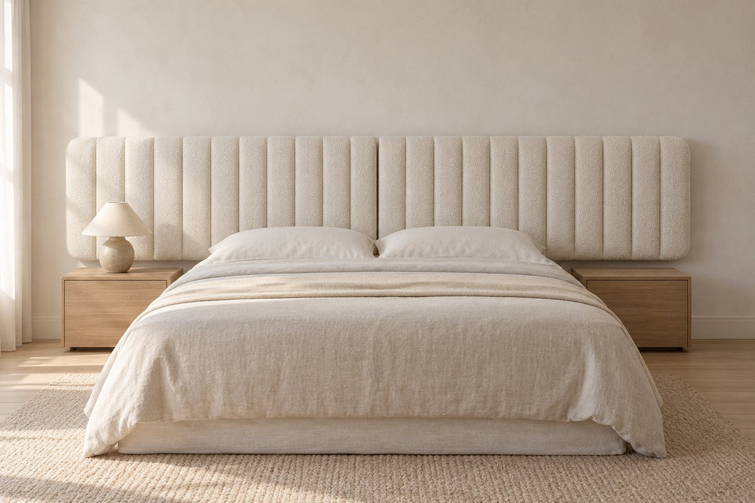 Tête de lit XXL de 300 cm en bouclette blanc cassé, derrière un lit de 160 cm
